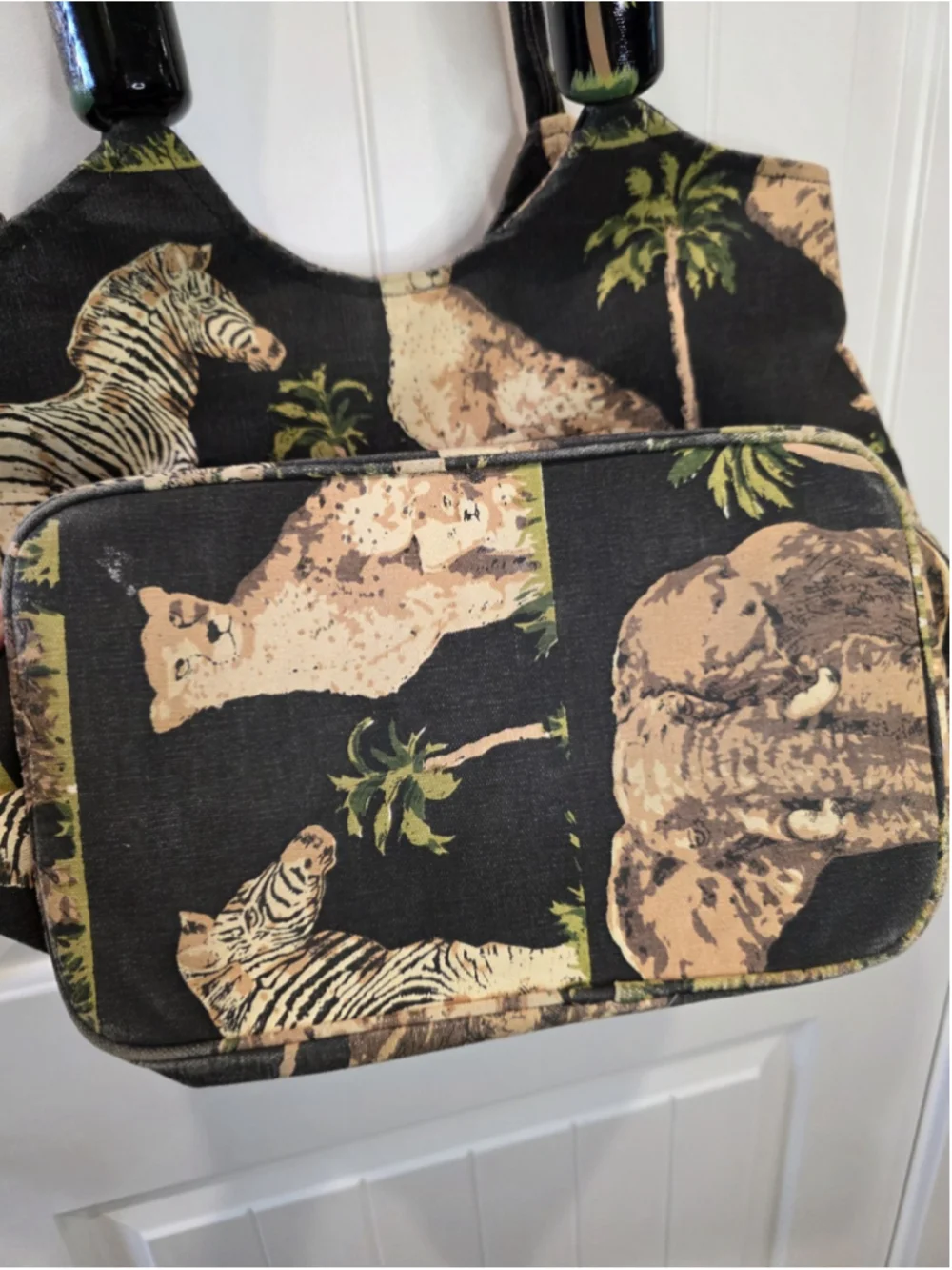Safari Animal Print Cotton Tote Bag Elephant Zebra Palm Trees Zip Closure Pocket